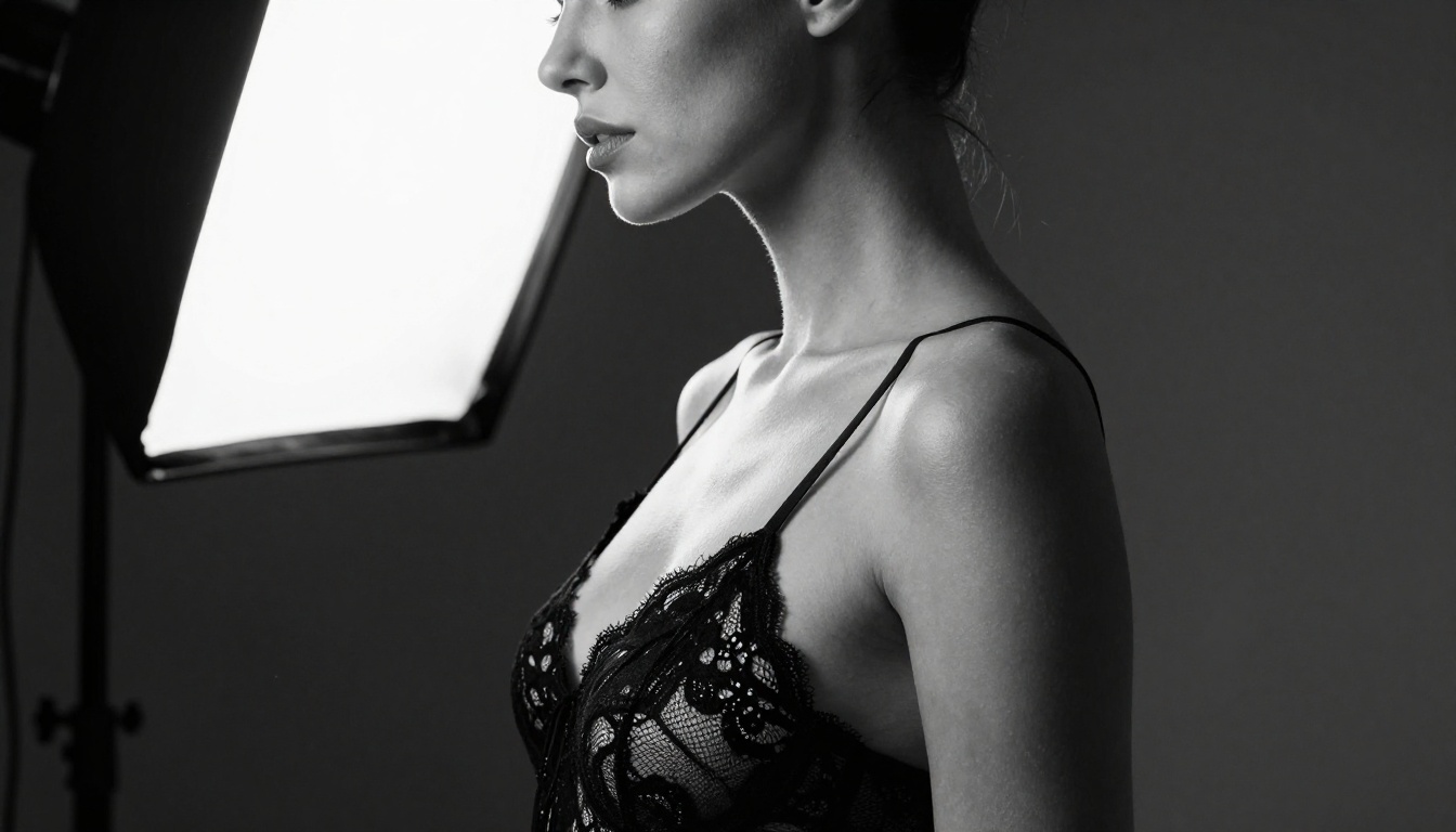 Side profile close-up of a woman in a high-fashion black lace bodysuit
