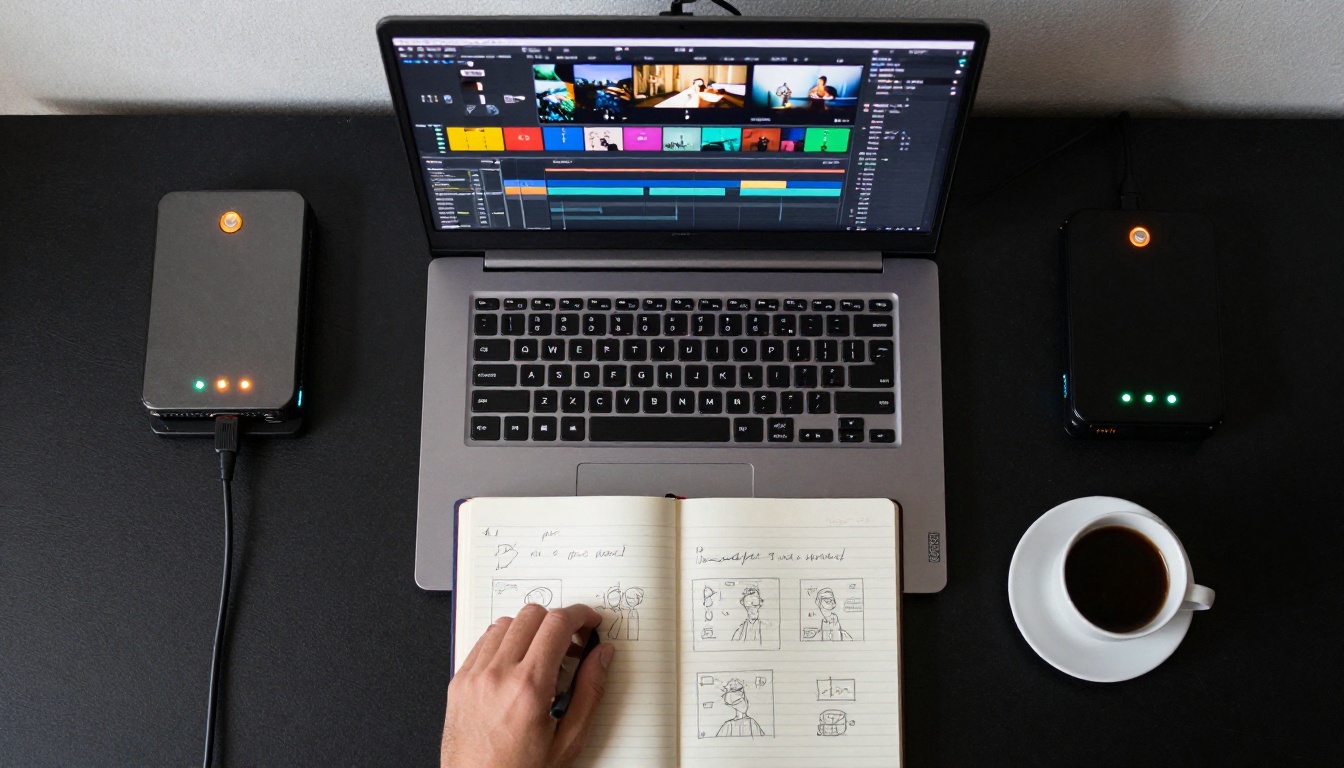 Overhead flatlay of a professional video editing workstation with laptop, notebooks, and espresso Overhead flatlay of a professional video editing workstation with laptop, notebooks, and espresso