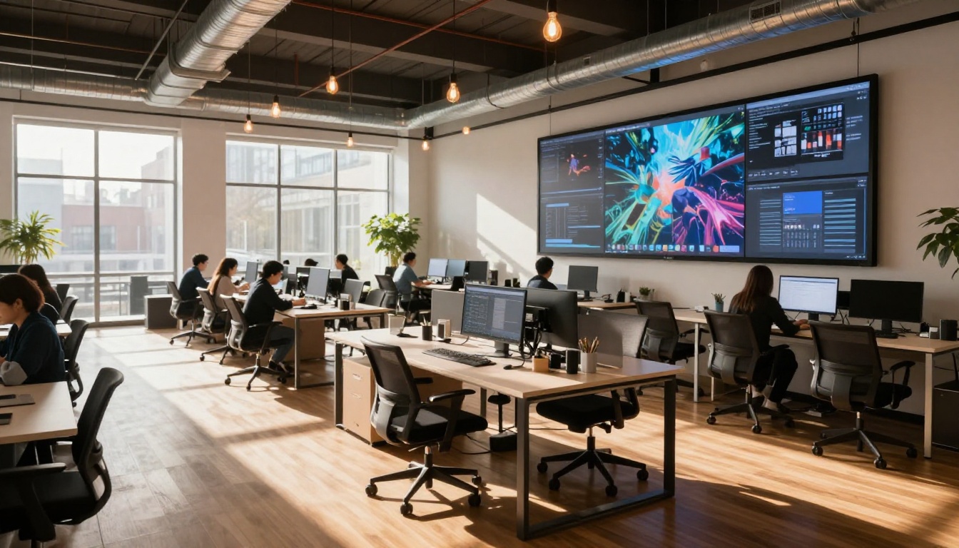 Creative agency office with AI video production screens