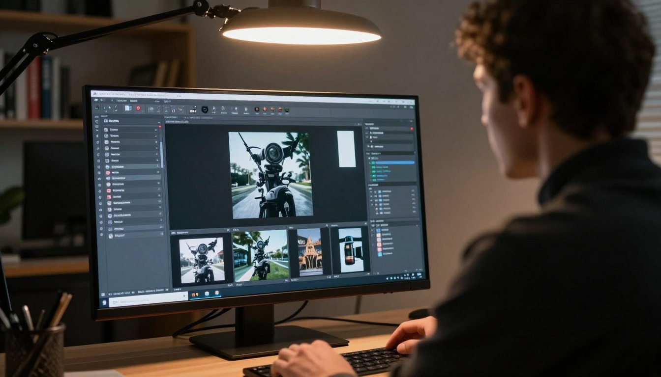 Creative director reviewing AI image portfolio on large studio monitor from over-the-shoulder perspective