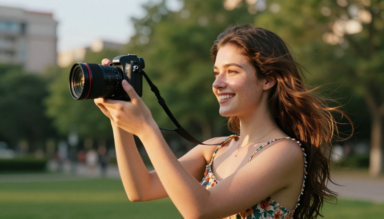 A young woman content creator filming lifestyle content outdoors during golden hour A young woman content creator filming lifestyle content outdoors during golden hour