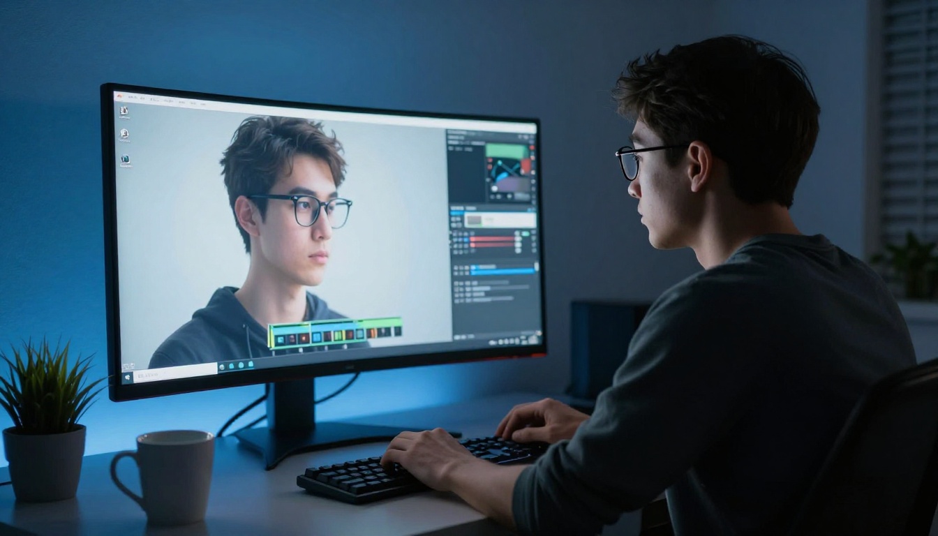 Man editing video late at night with screen light illumination