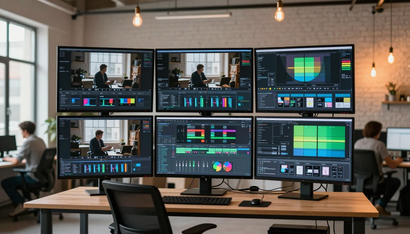 A professional multi-screen video production setup in a modern creative agency office A professional multi-screen video production setup in a modern creative agency office