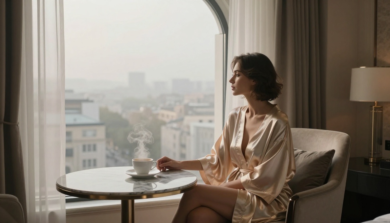Woman in a champagne silk robe seated by a luxury hotel window