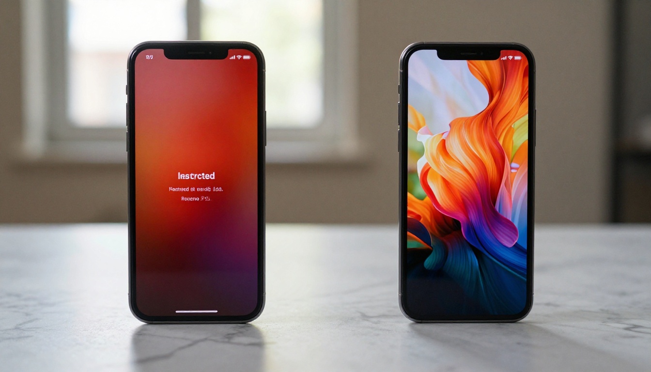 Two smartphone screens side by side on marble, one showing a content restriction error