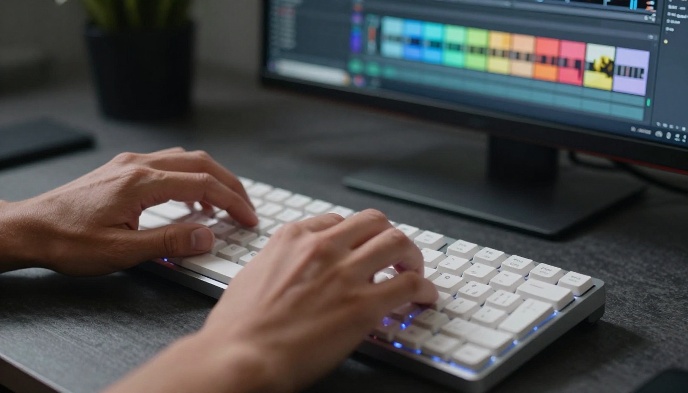 Close-up detail of hands typing on a mechanical keyboard with a video timeline visible on the monitor behind Close-up detail of hands typing on a mechanical keyboard with a video timeline visible on the monitor behind