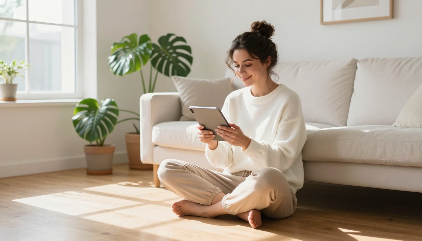 A stylish female social media creator relaxing on a modern sofa reviewing content on a tablet