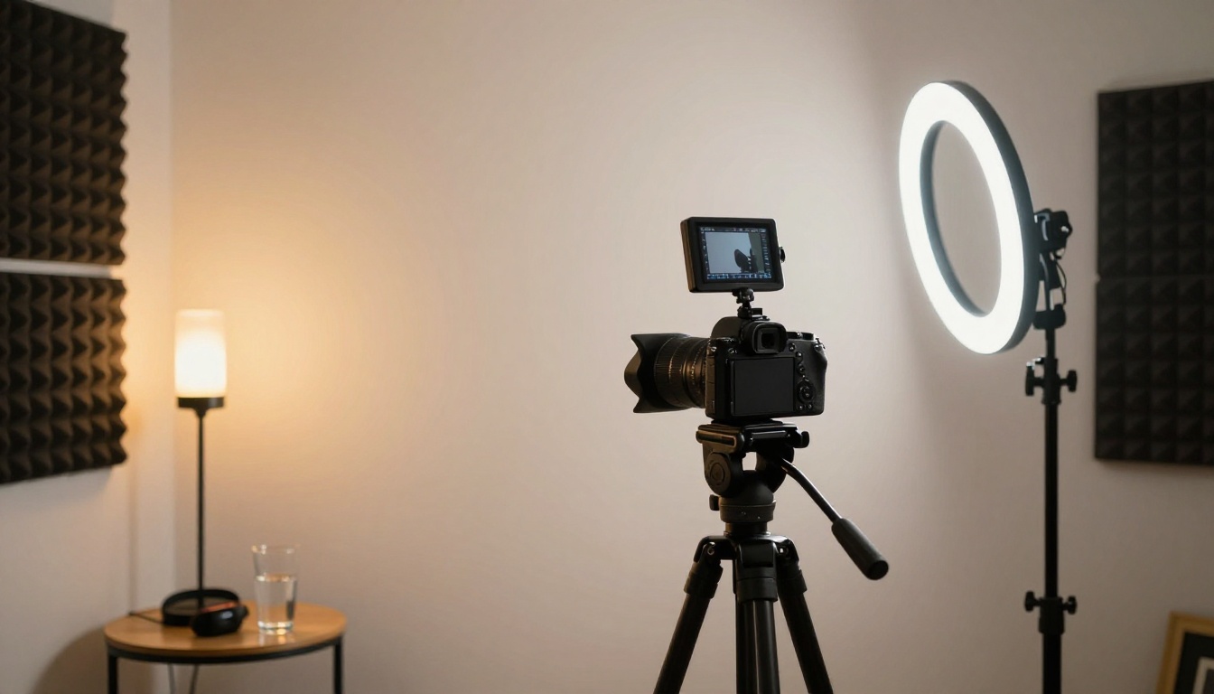 A compact home video studio setup with ring light, camera on tripod, and acoustic foam panels