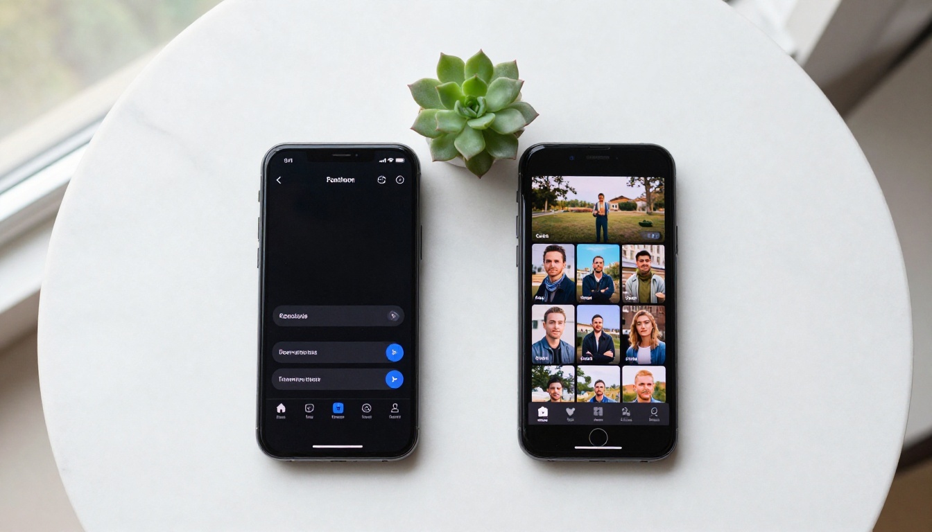 Two smartphones side by side showing different AI video generation interfaces on a white marble surface
