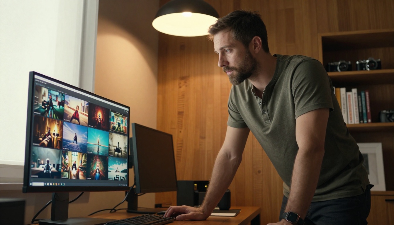 A male video creator standing at a desk reviewing AI-generated video clips on a large monitor