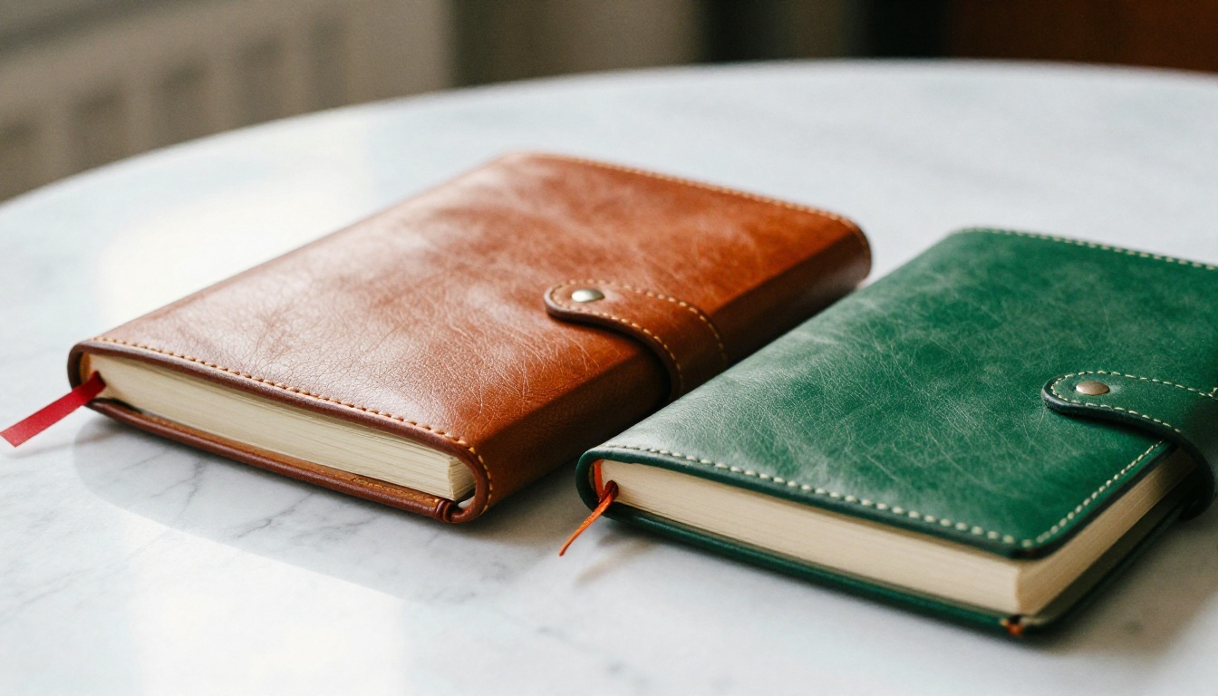 Two notebooks representing pricing comparison on a marble surface