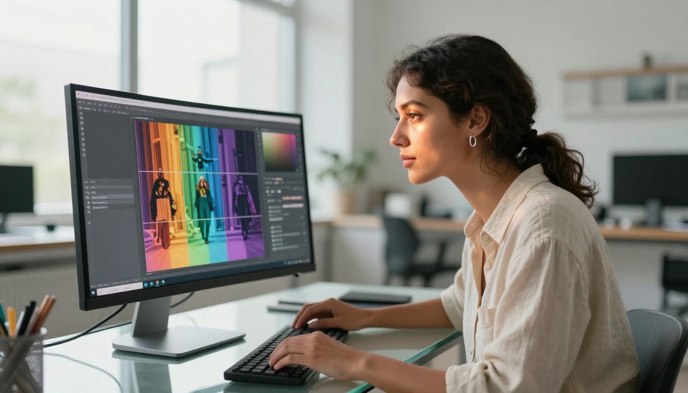 Creative professional woman studying AI images on monitor at glass desk