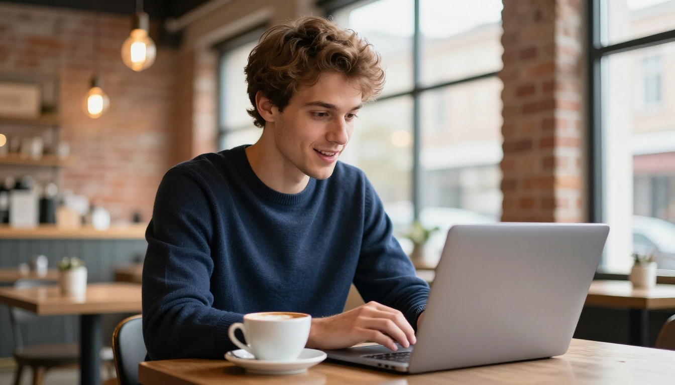 Young man working on laptop in bright coffee shop with satisfied expression