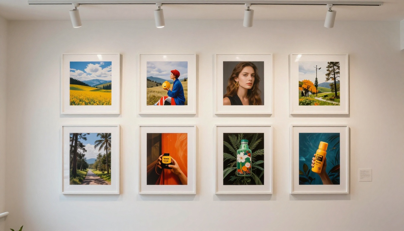 Gallery wall featuring diverse AI-generated photorealistic prints in white frames