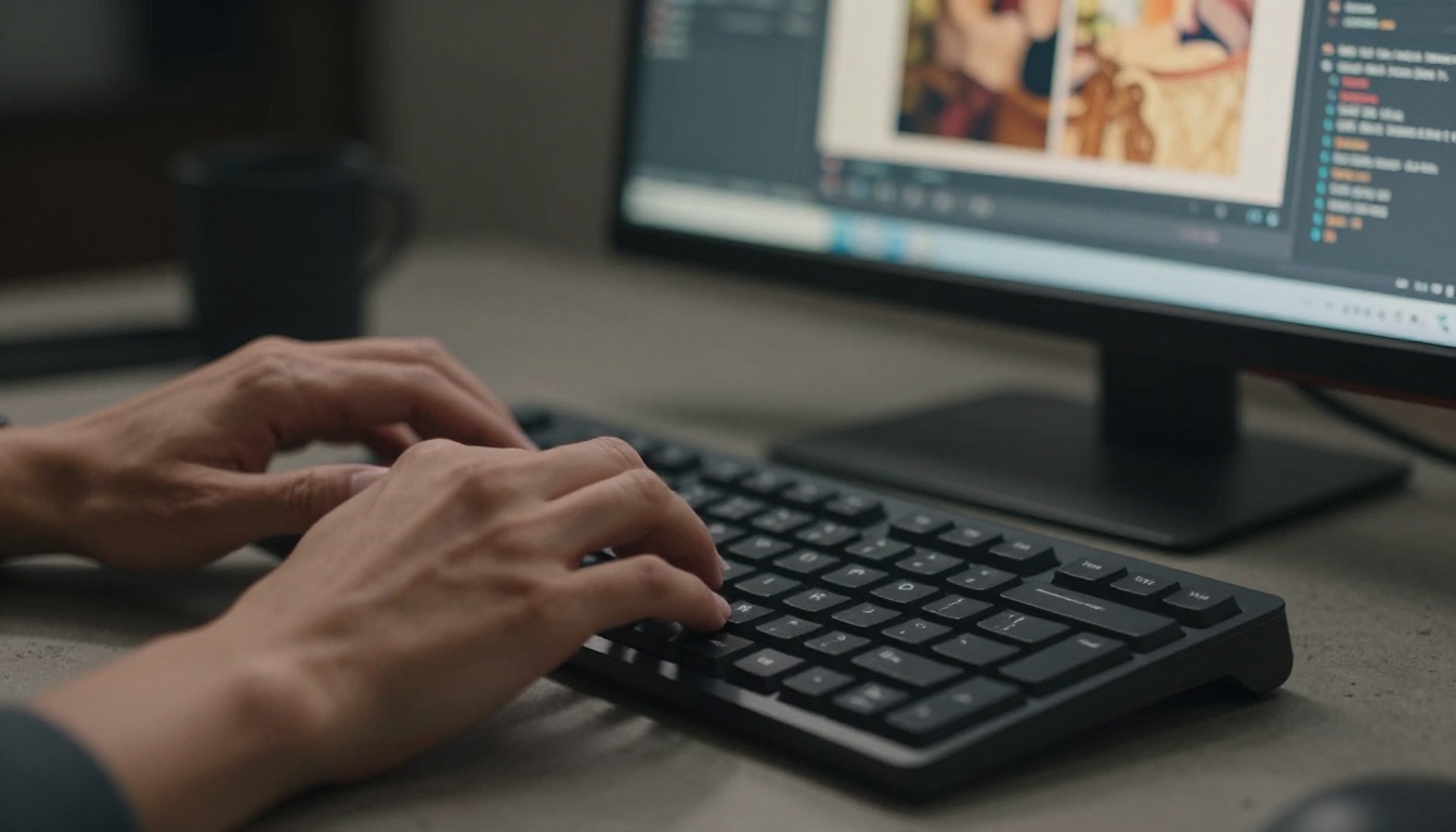 Close-up of hands typing on keyboard with AI image interface glowing in background