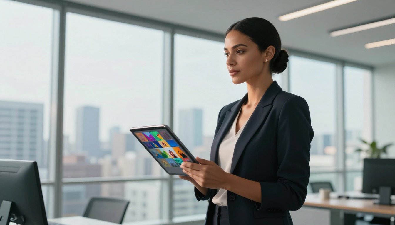 Confident businesswoman holding tablet showing AI-generated images in glass office