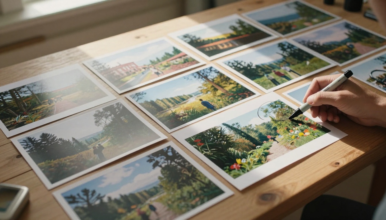 Wide wooden table covered with AI-generated prints being reviewed and approved