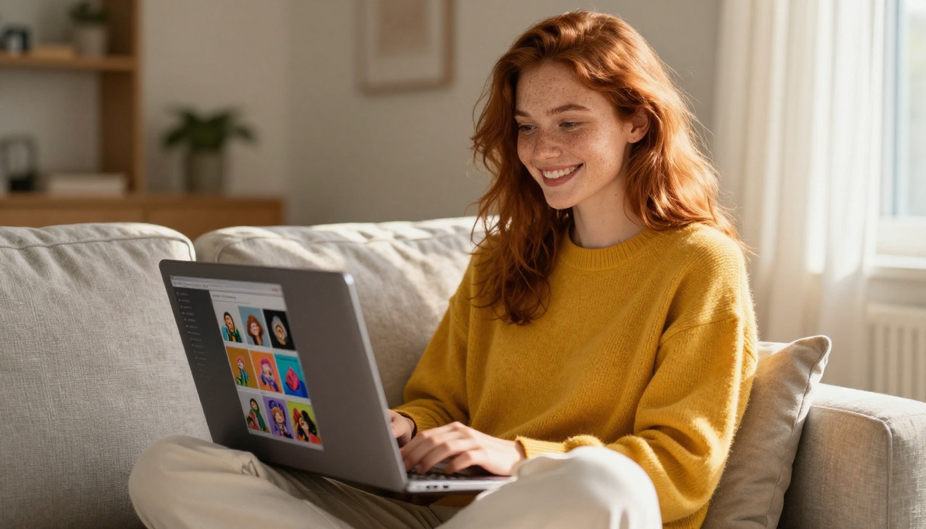 Young woman with auburn hair sitting on sofa, smiling at AI image results on laptop