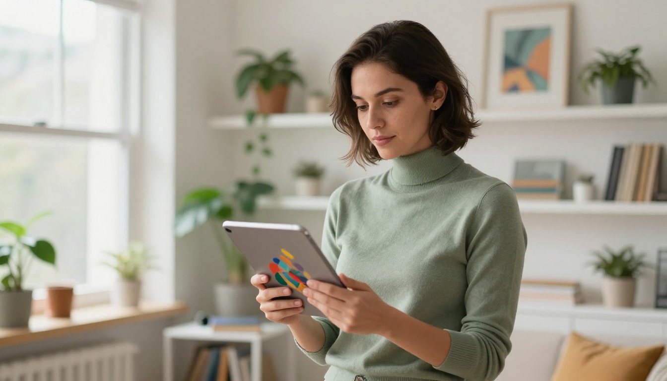 Woman browsing AI art on a tablet in a bright home studio