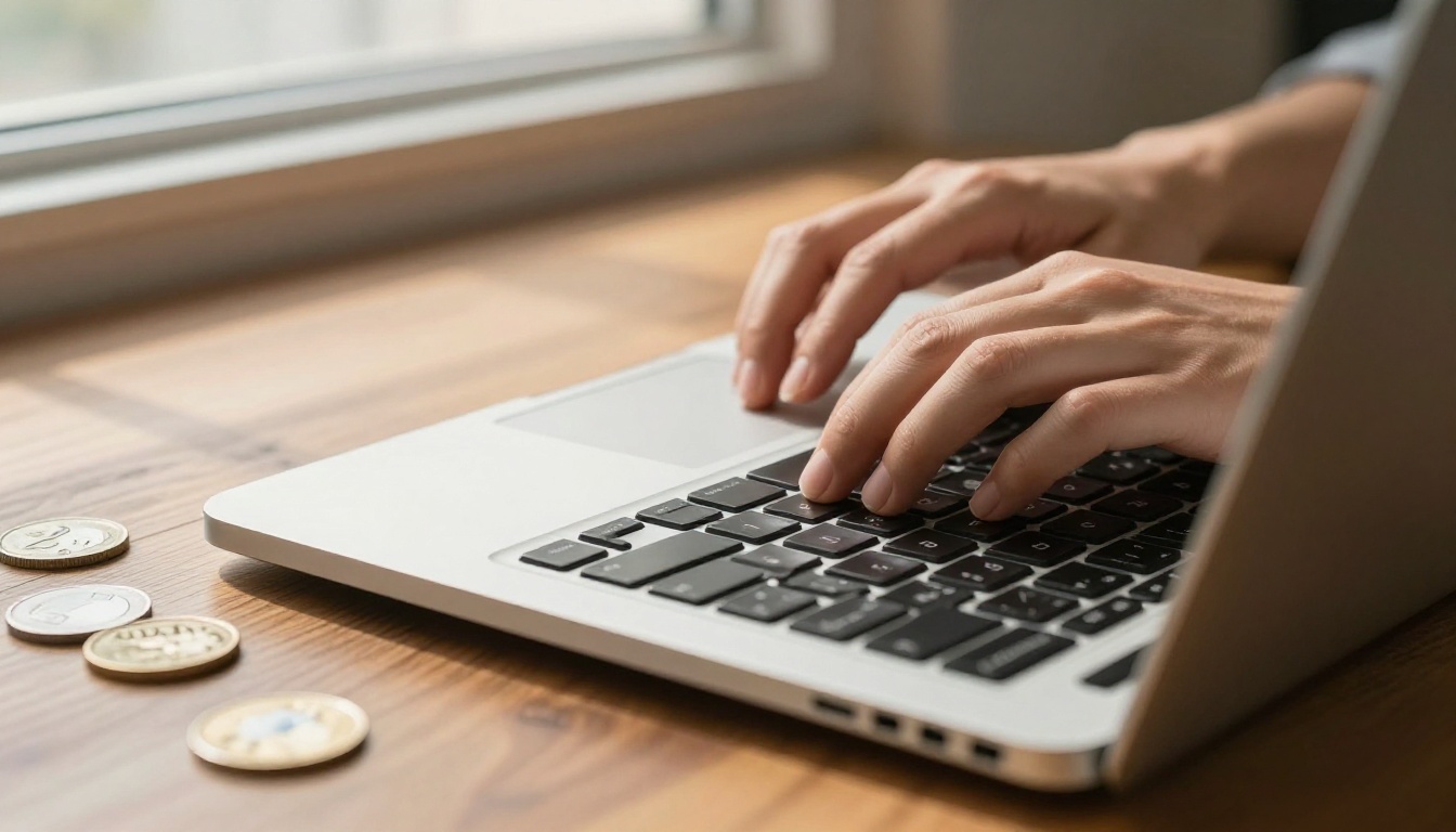 Woman's hands on laptop keyboard with credit card beside it