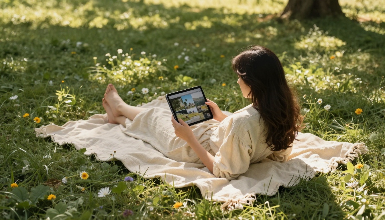 Woman relaxing in a park scrolling through AI artwork