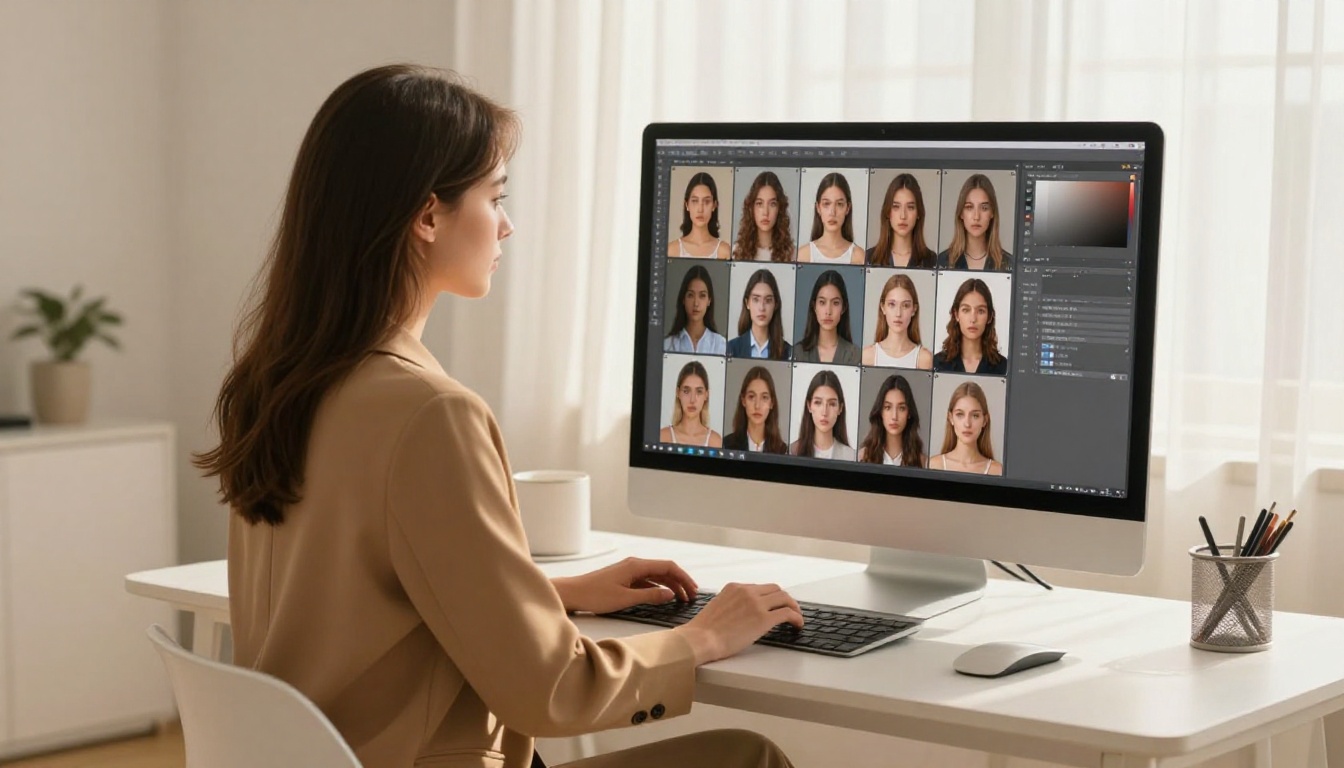 Woman at desk with AI art comparison on large monitor