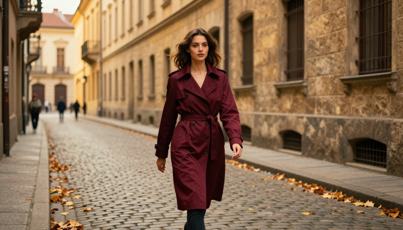 Young woman walking confidently through a cobblestone European alley
