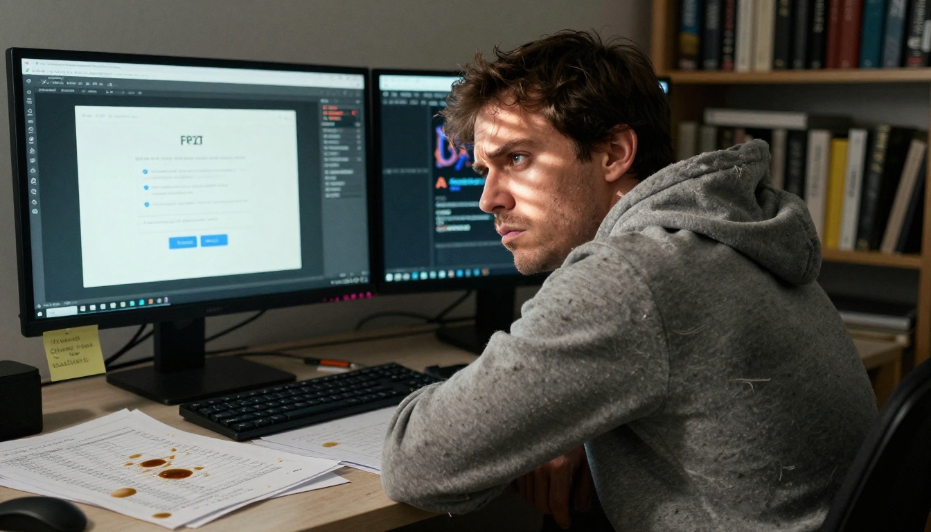 A frustrated designer sits in front of a payment alert on his screen, arms crossed, reviewing expensive subscription costs