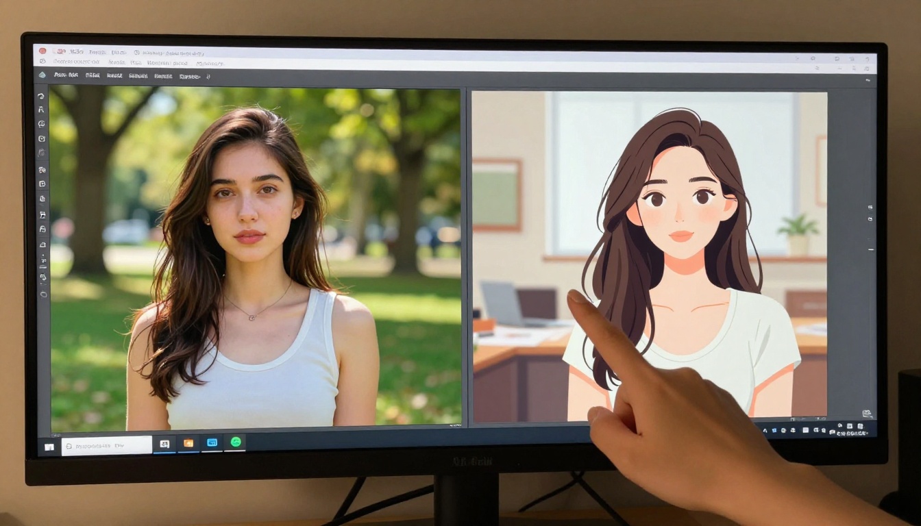 Creative professionals compare AI-generated photorealistic outputs on a large professional monitor in a studio setting