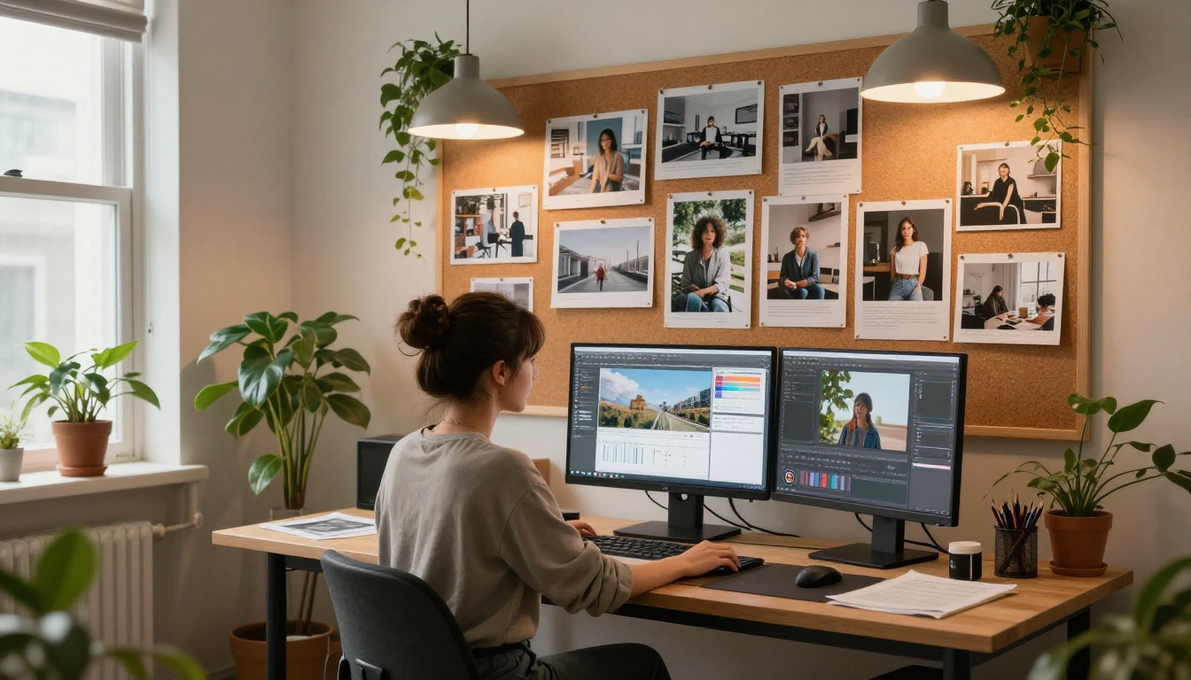 Professional creative workspace with AI image comparison on screen