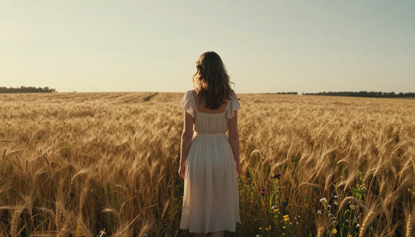A woman in a flowing cream dress stands in a sun-drenched wildflower meadow, captured in photorealistic 8K RAW photography