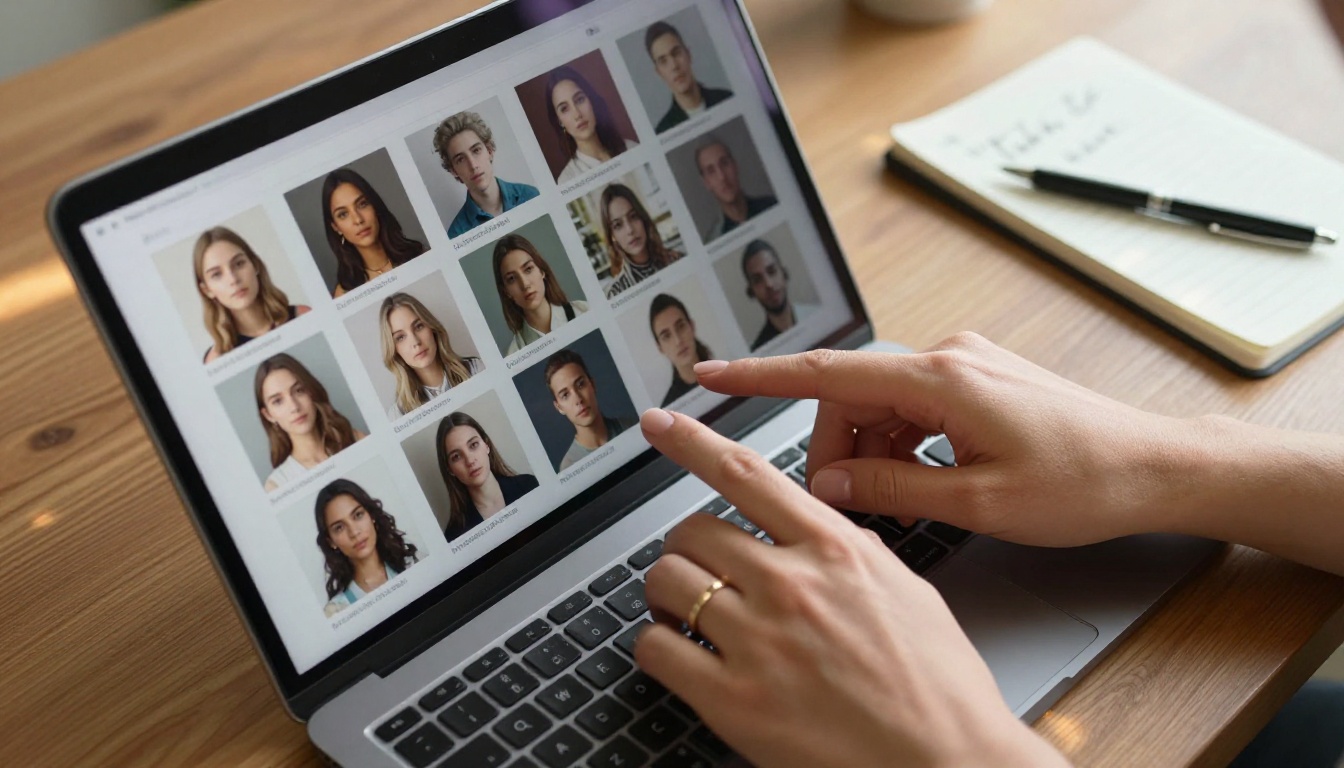 Close-up aerial overhead shot of hands navigating an AI image platform on a laptop, showing a gallery of photorealistic portraits on screen
