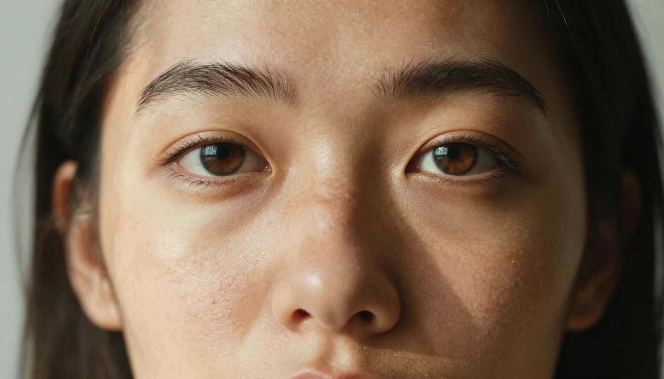 An extreme close-up photorealistic portrait of a woman's face with visible freckles, dewy skin texture, and natural morning sidelight
