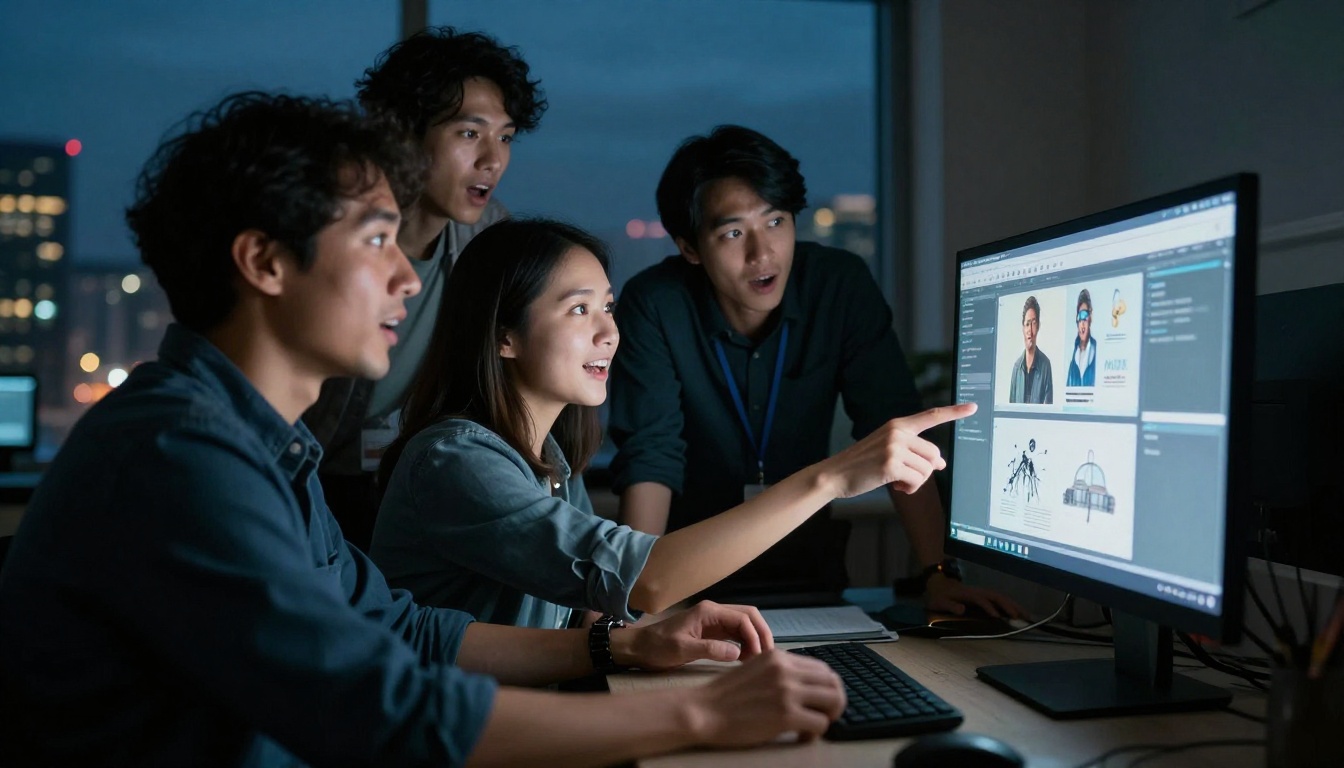A creative team of three professionals huddles around a glowing desktop monitor at dusk, faces lit by screen light, pointing at AI-generated images