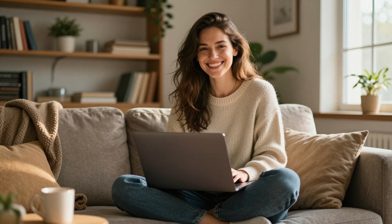 A happy creative woman sits cross-legged on a couch with a laptop, genuinely smiling at an AI portrait she just generated, warm afternoon light, cozy home environment