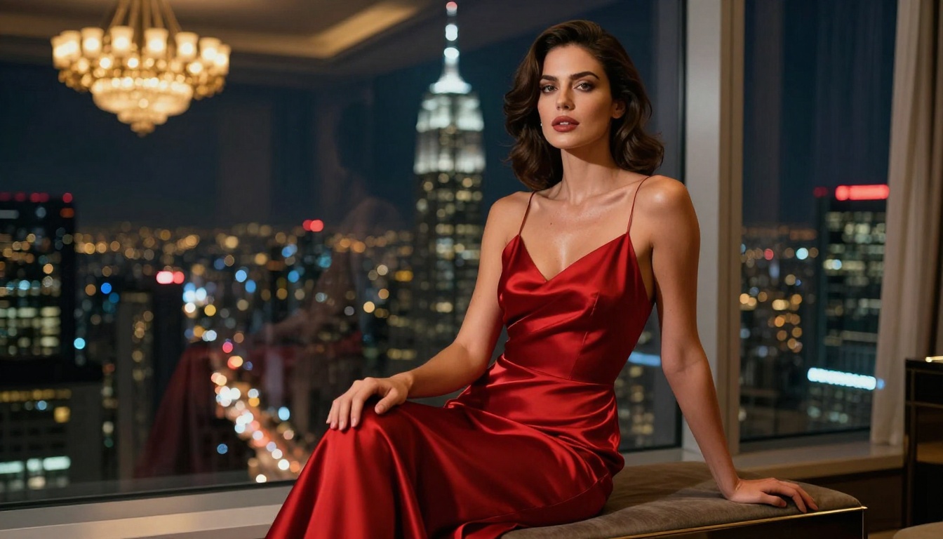 Woman in elegant red silk dress, luxury penthouse, nighttime cityscape bokeh Woman in elegant red silk dress, luxury penthouse, nighttime cityscape bokeh