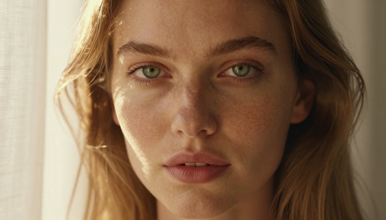 Natural beauty close-up portrait, freckles, green eyes, golden afternoon light Natural beauty close-up portrait, freckles, green eyes, golden afternoon light