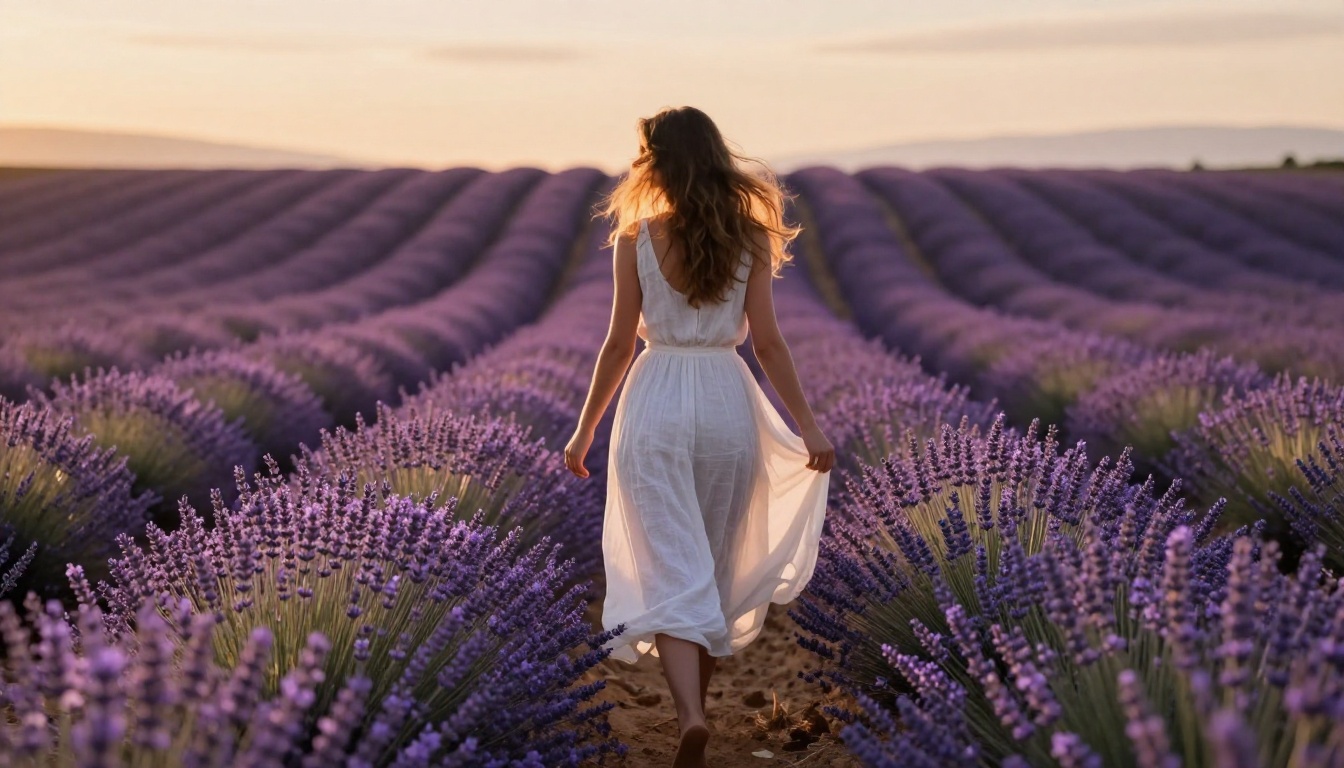 Woman in flowing white dress walking through lavender field, Provence, golden hour Woman in flowing white dress walking through lavender field, Provence, golden hour