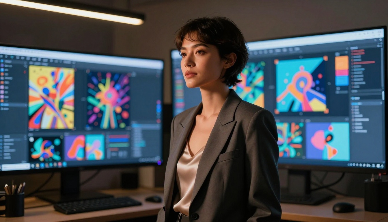 Confident woman in blazer, AI art studio, multiple screens, creative professional