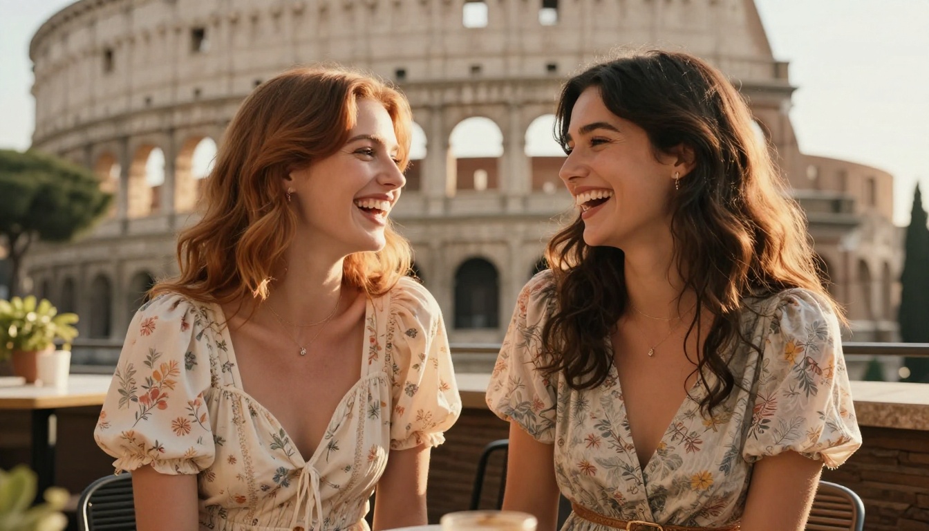 Two women friends laughing at Rome terrace cafe, Colosseum in soft bokeh background