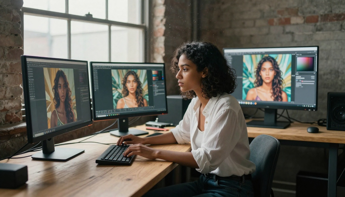 AI creator working with image generation tools at a modern desk