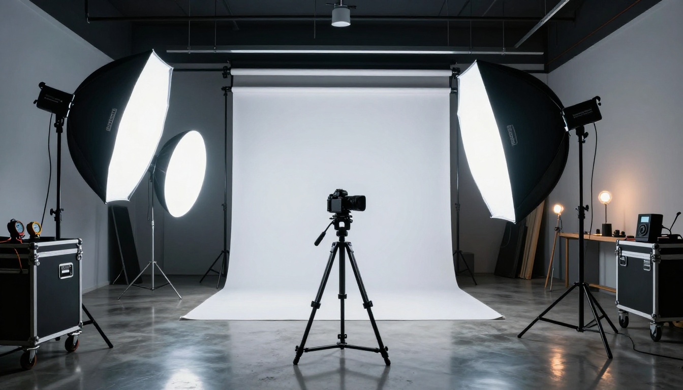 Professional photography studio interior showing the reference environment for AI-generated images