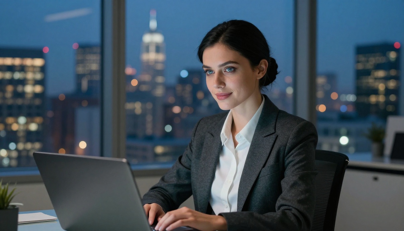 Professional woman with city skyline at blue hour showing Flux photorealistic output