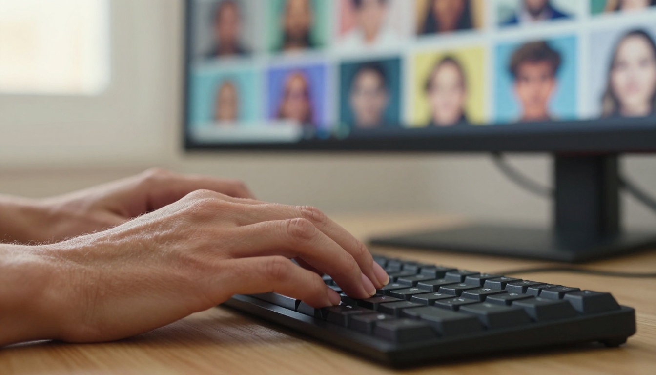 Hands typing prompts on a keyboard with colorful AI-generated images displayed on a large curved monitor behind