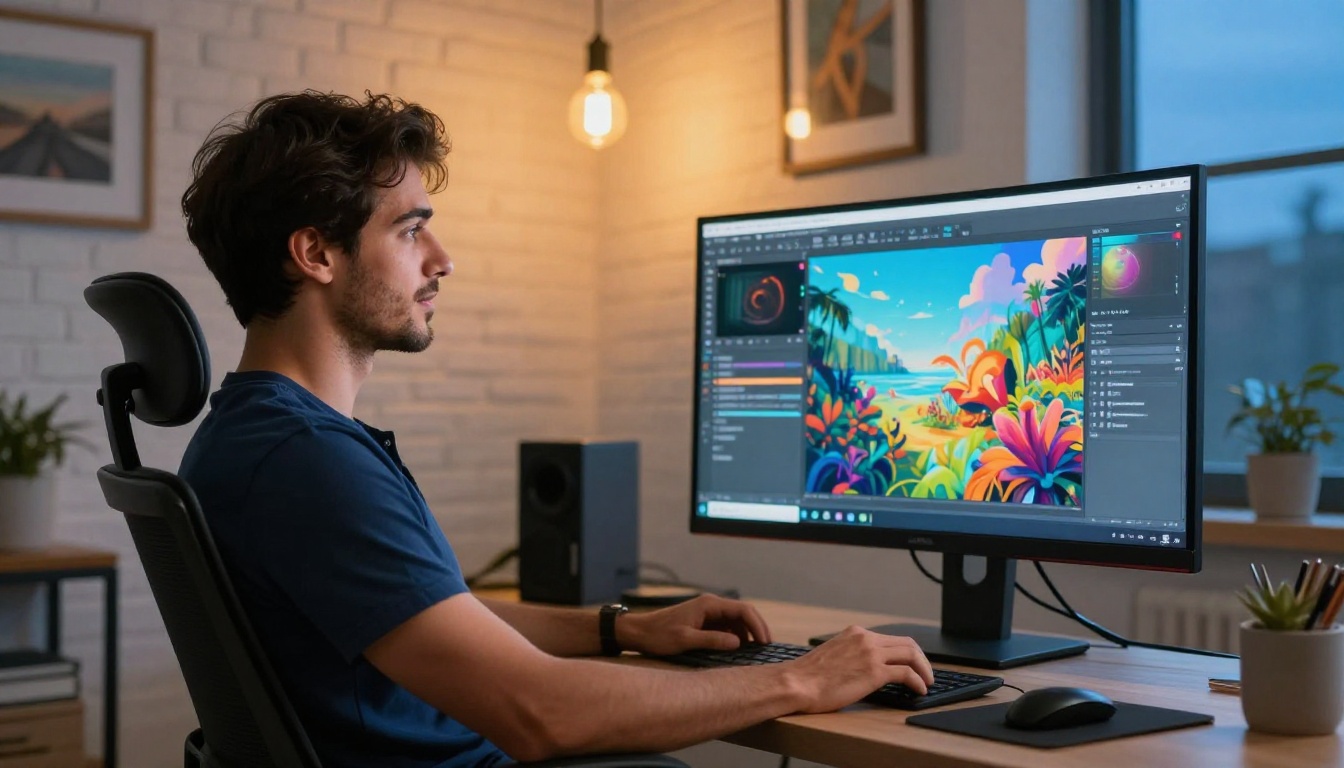 Young creative professional reviewing AI artwork on a large 4K monitor in a warm modern home office