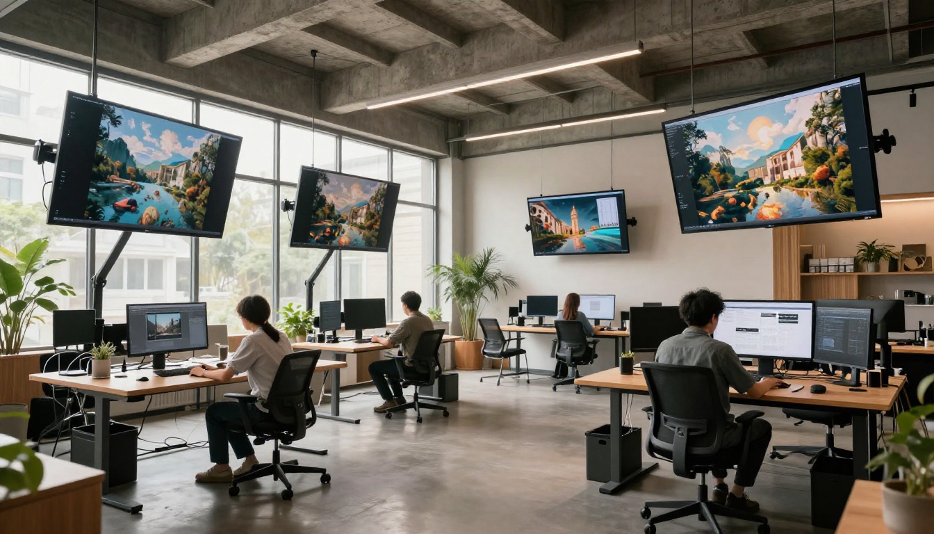 Wide-angle view of a modern creative studio with multiple large screens displaying diverse AI-generated artwork