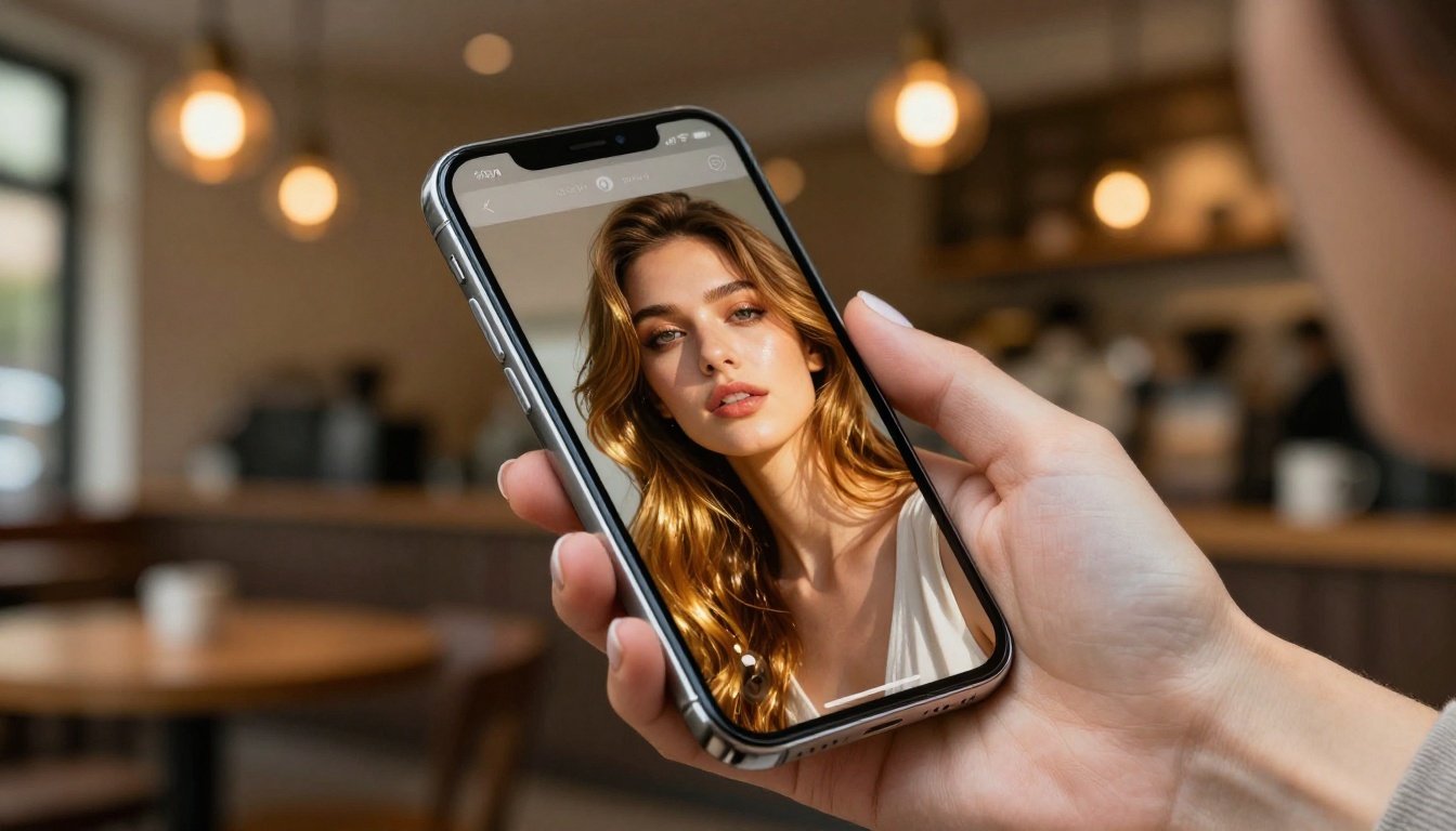 Close-up of a smartphone screen displaying an AI image generation app with a photorealistic generated portrait visible