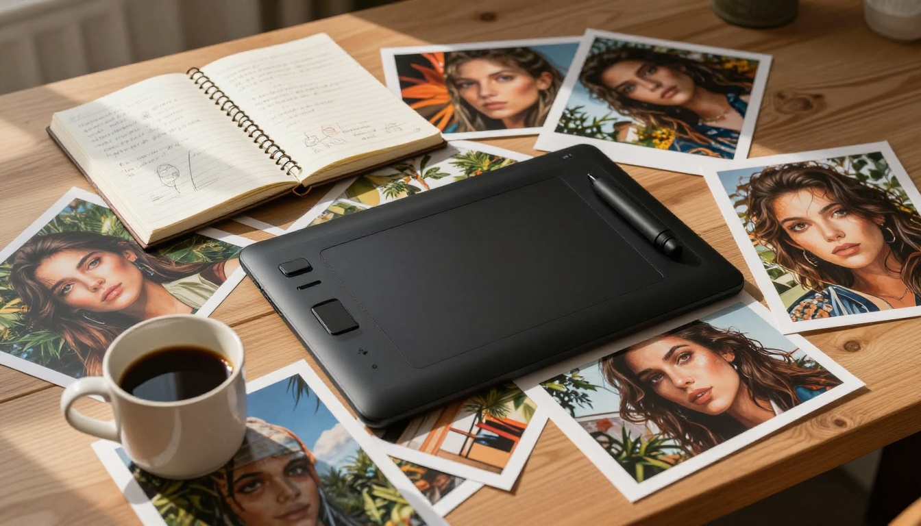 Overhead flat-lay of a creative workspace with scattered AI art prints, a drawing tablet, notebook, and coffee mug