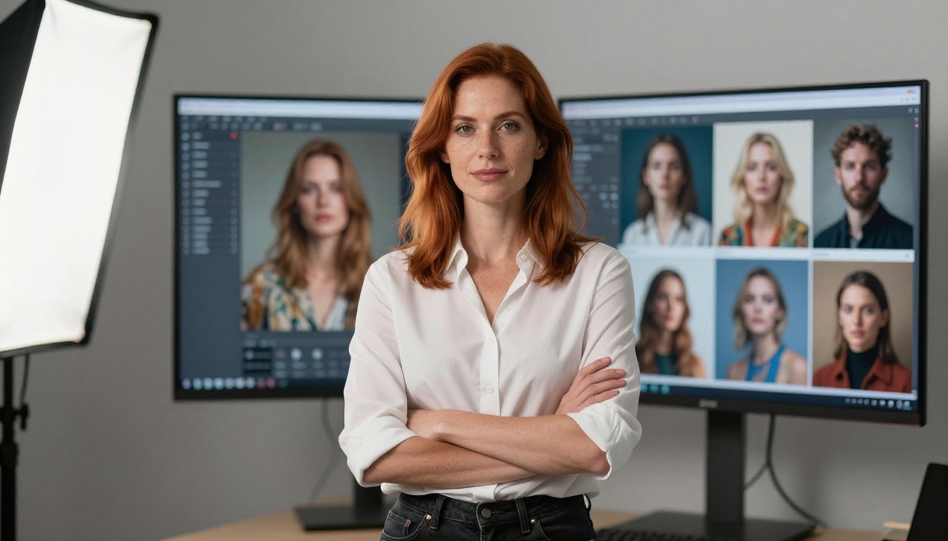 Portrait of a confident woman digital artist standing before wall-mounted monitors displaying her AI-generated portfolio