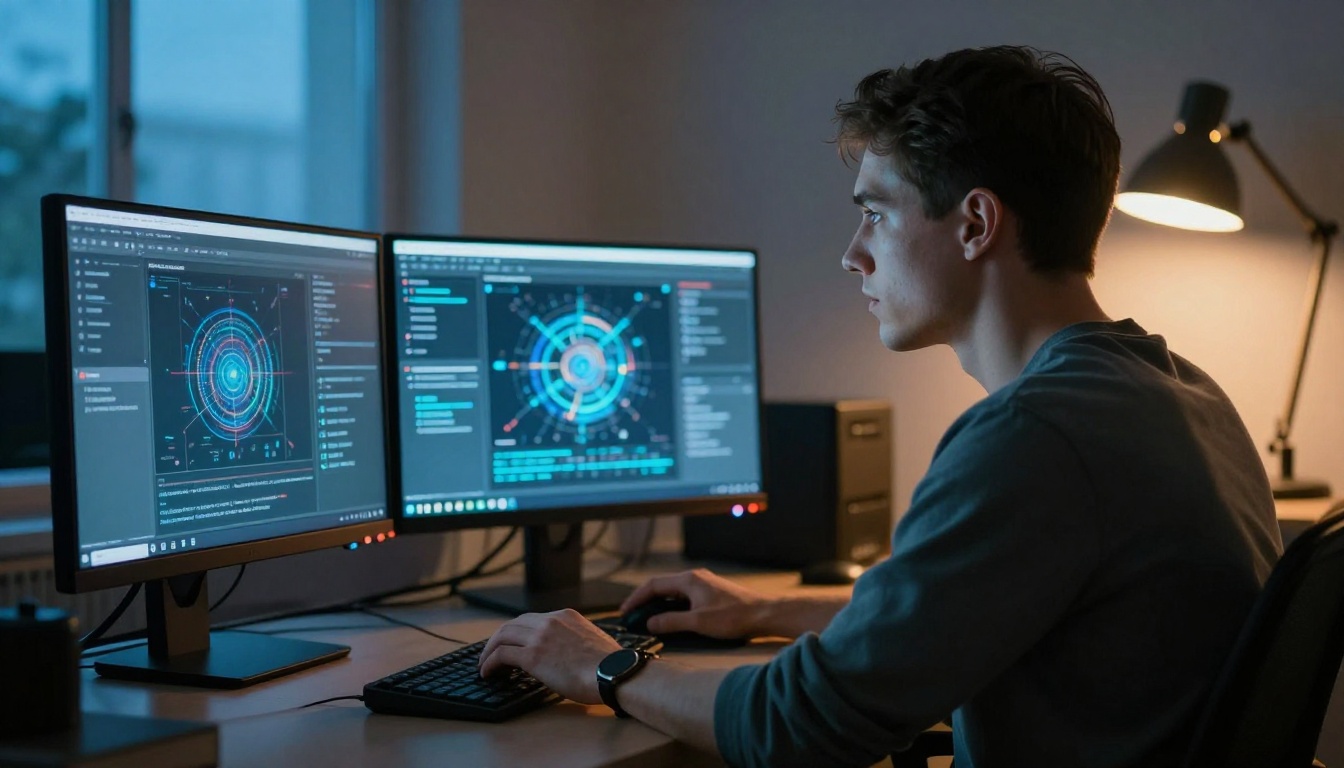 Side profile of a focused man staring at a triple-monitor workstation displaying AI art and a prompt interface